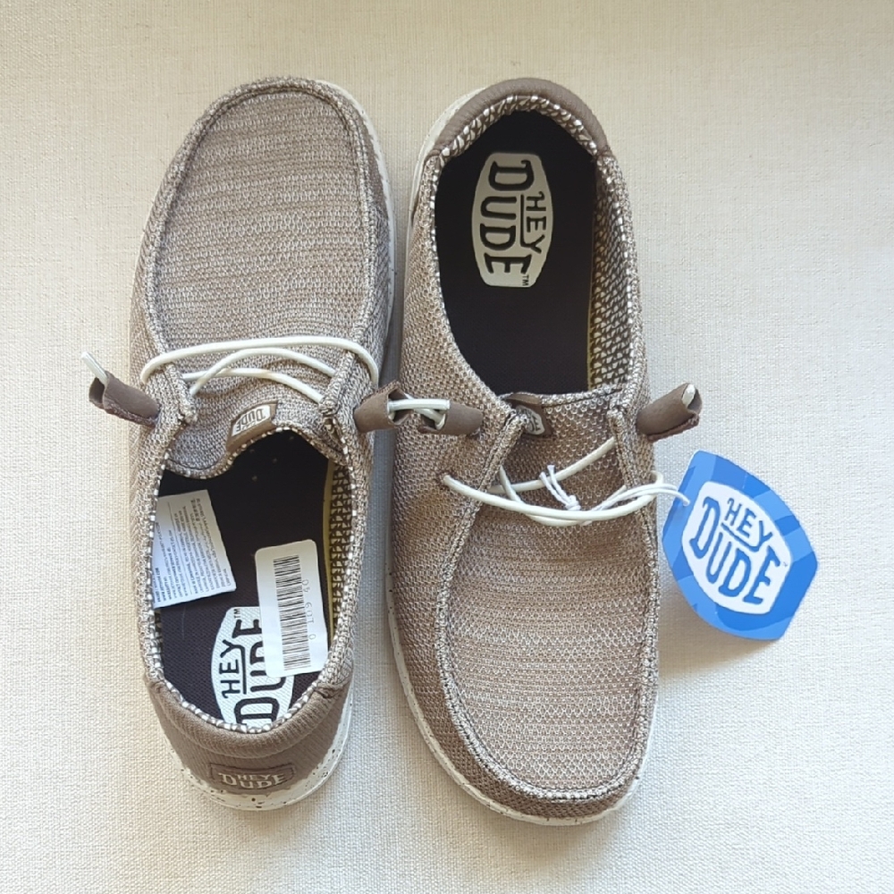 Hey Dude Knit Slip-On Sneakers in Tan with White Laces